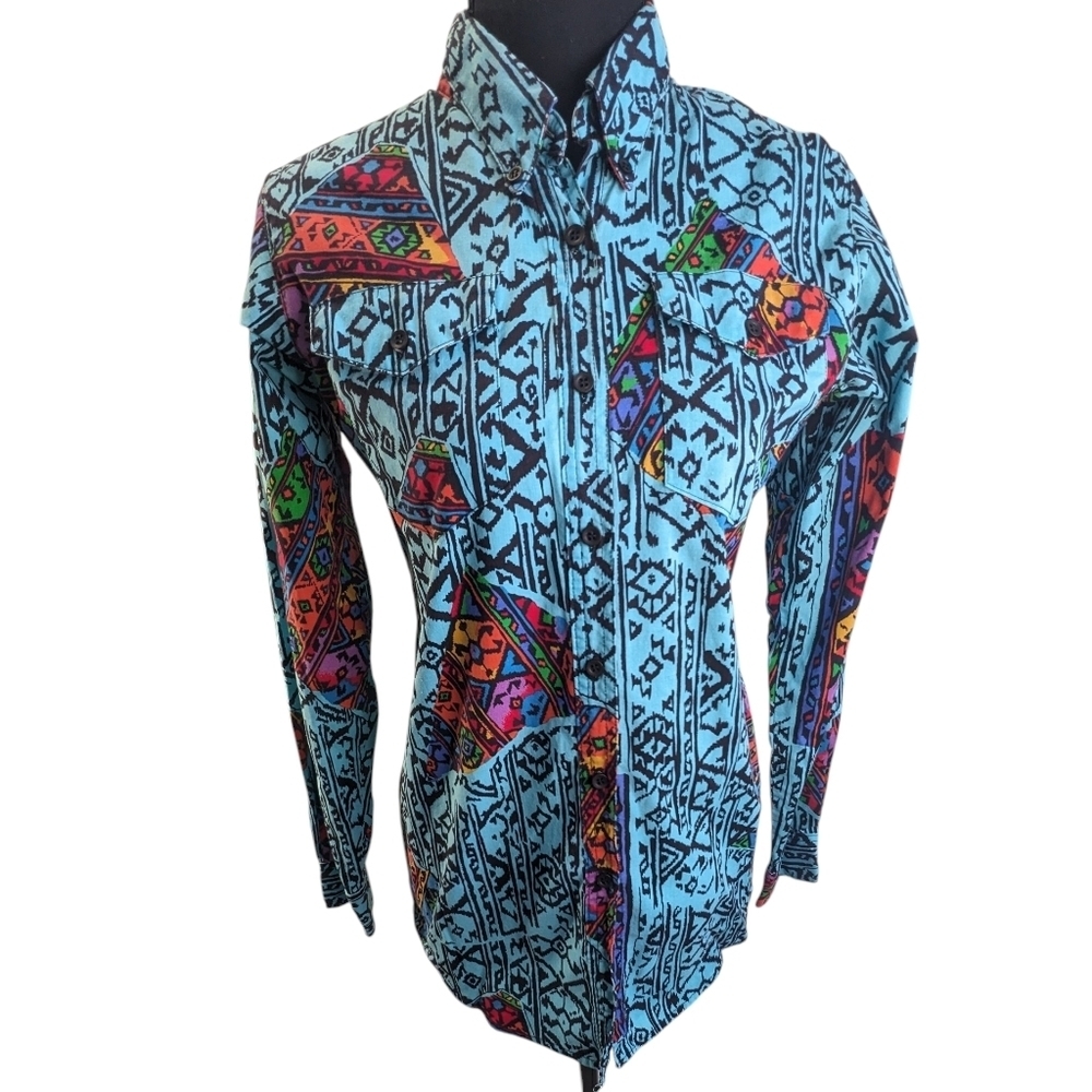 Wrangler Vintage Blue Multicolor Geometric Women's Western Button Down Shirt M